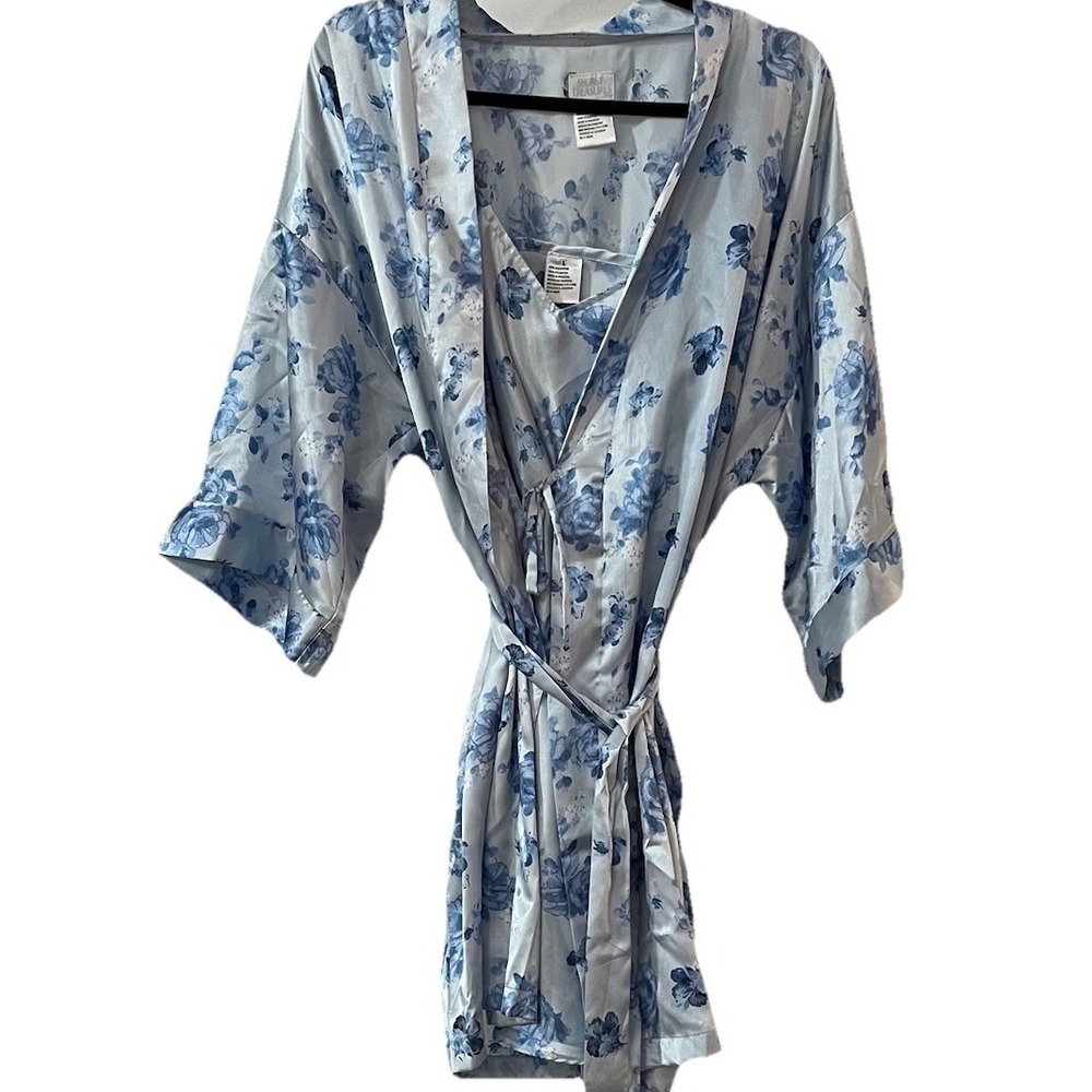 Secret Treasures Light Blue Floral Satin Kimono Robe